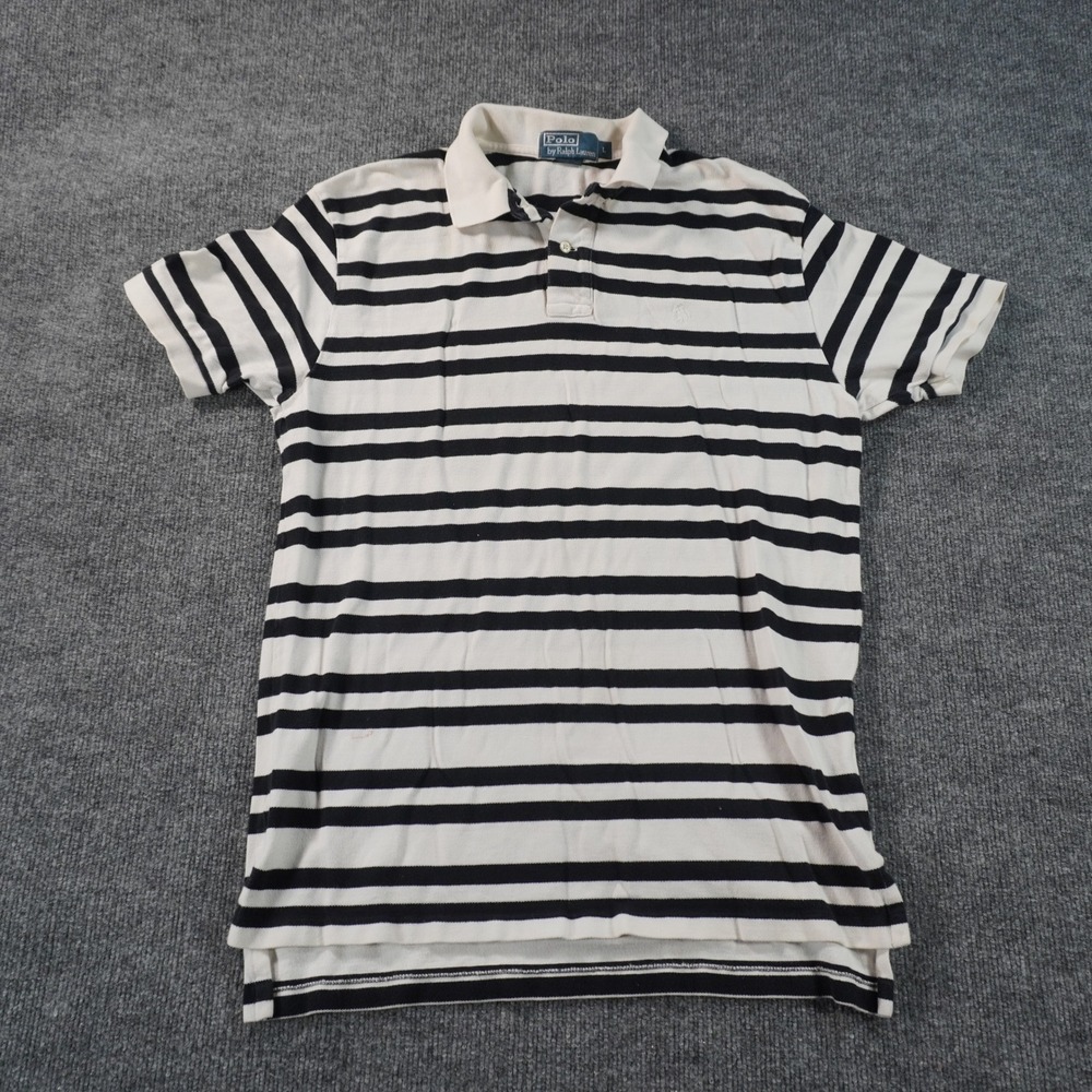 Polo Ralph Lauren Polo Shirt Mens Large Cream Navy Blue Striped Short Sleeve